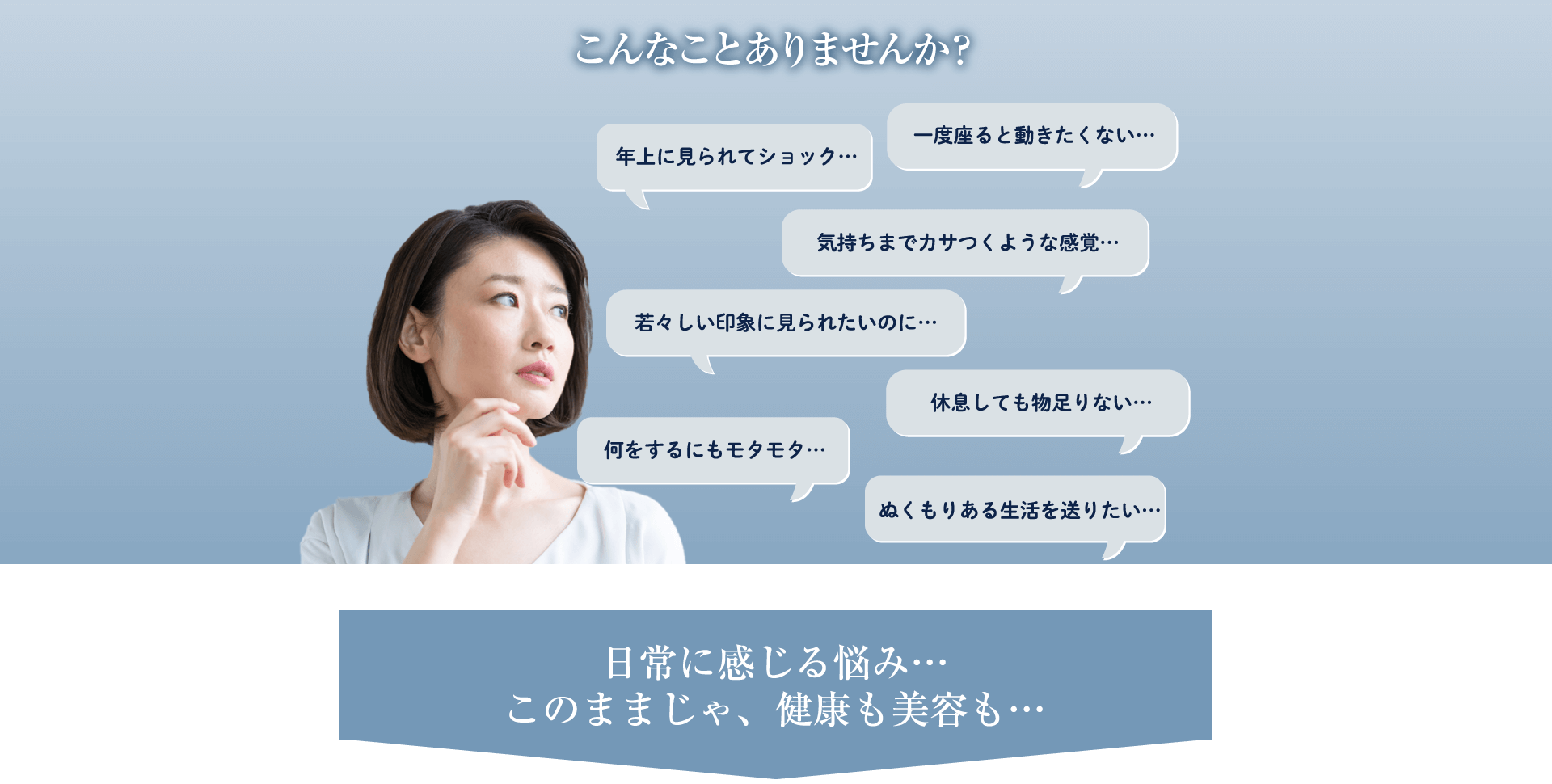 日常に感じる悩み…このままじゃ、健康も美容も… 年齢より上に見られた…一度座ると動きたくない…気持ちまでカサついて荒れがち…若々しい印象に見られたいのに…休息しても朝からだる重い…何をするにもモタモタ…一年中寒さが苦手…